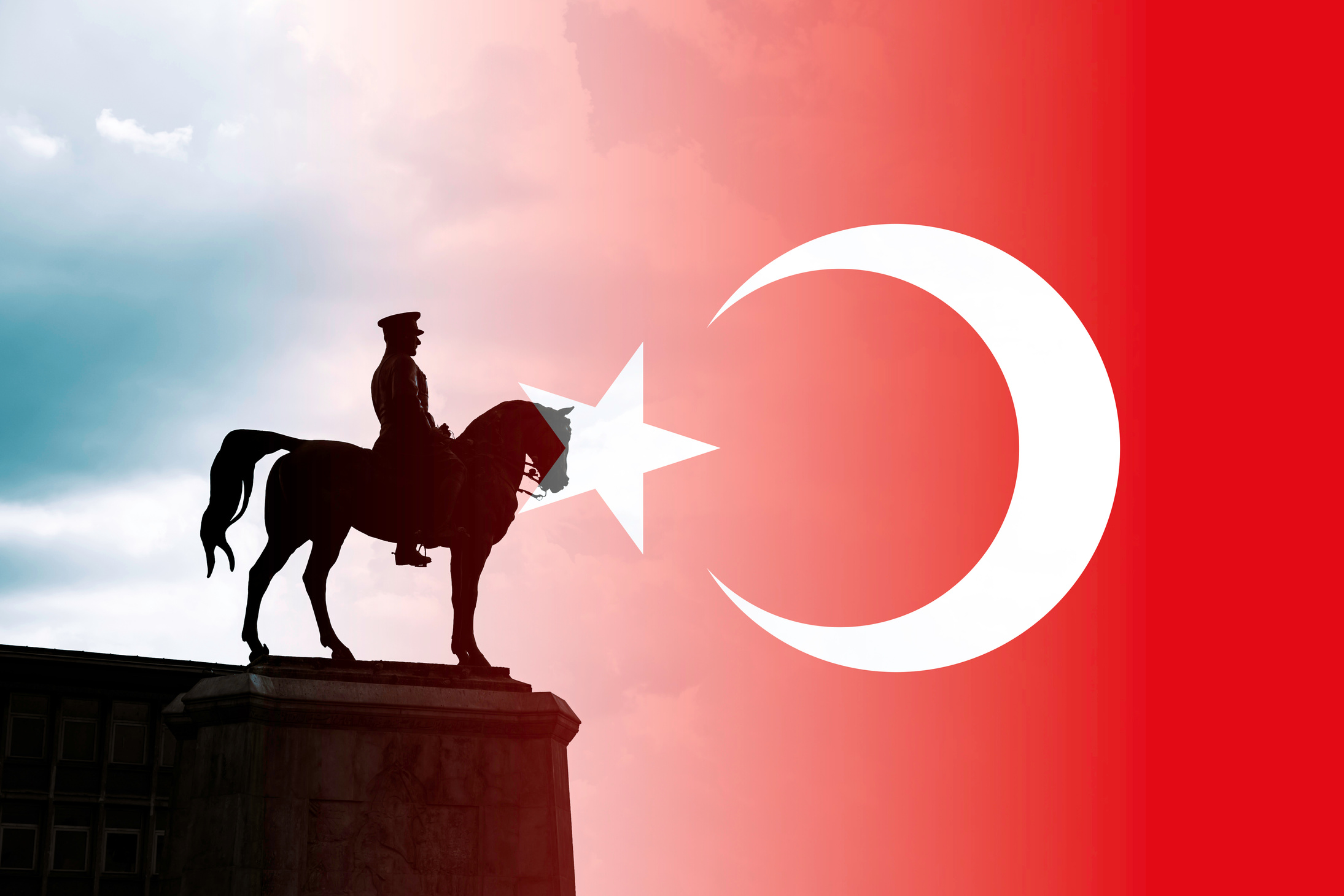 Turkish Flag and Ataturk statue. 19 mayis background photo.